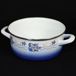 Metalac Cookware Serbia 8.5" Enamel Sauce Pot Starfish Beach White Blue Handles